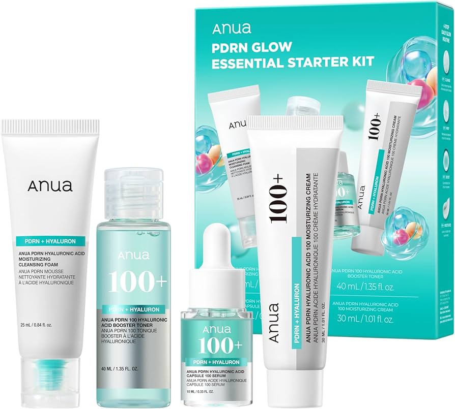 Anua - PDRN Hyaluronic Acid Korean Skincare Starter Kit - Glow Essential Set (Cleansing Foam 25ml, Toner 40ml, Serum 10ml, Moisturizing Cream 30ml)