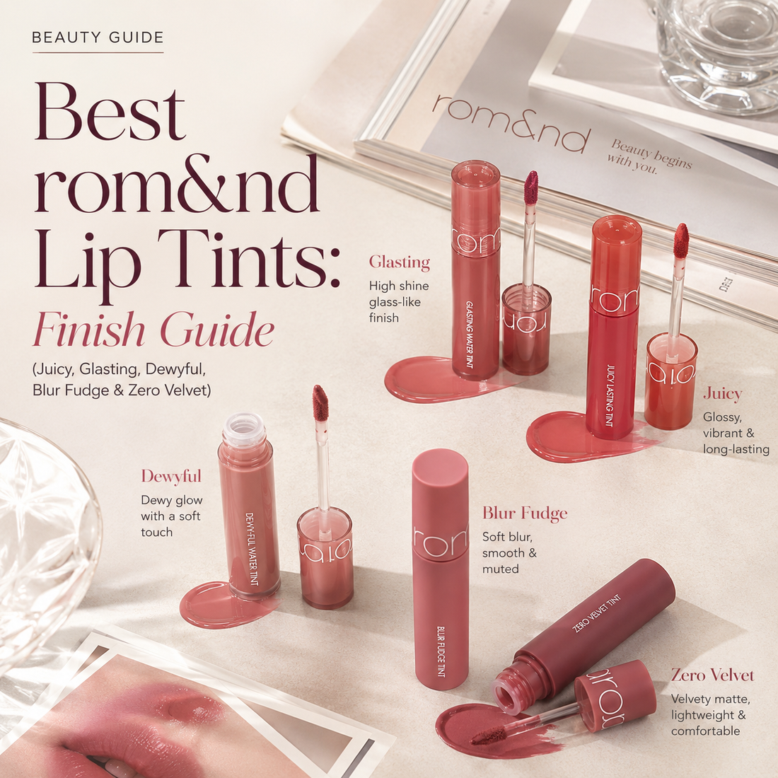 Best rom&nd Lip Tints: Finish Guide (Juicy, Glasting, Dewyful, Blur Fudge & Zero Velvet)
