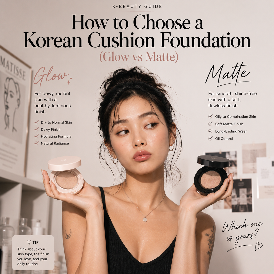 A woman comparing a glow cushion foundation and a matte cushion foundation for Korean base makeup