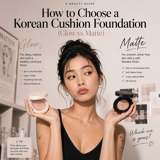 A woman comparing a glow cushion foundation and a matte cushion foundation for Korean base makeup