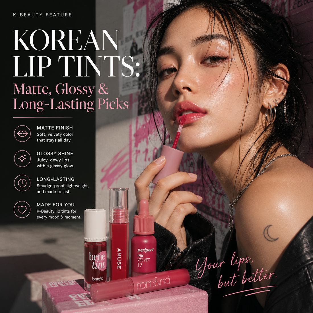 Korean lip tints guide: a woman applying a glossy lip tint, with matte and glossy K-beauty tint products