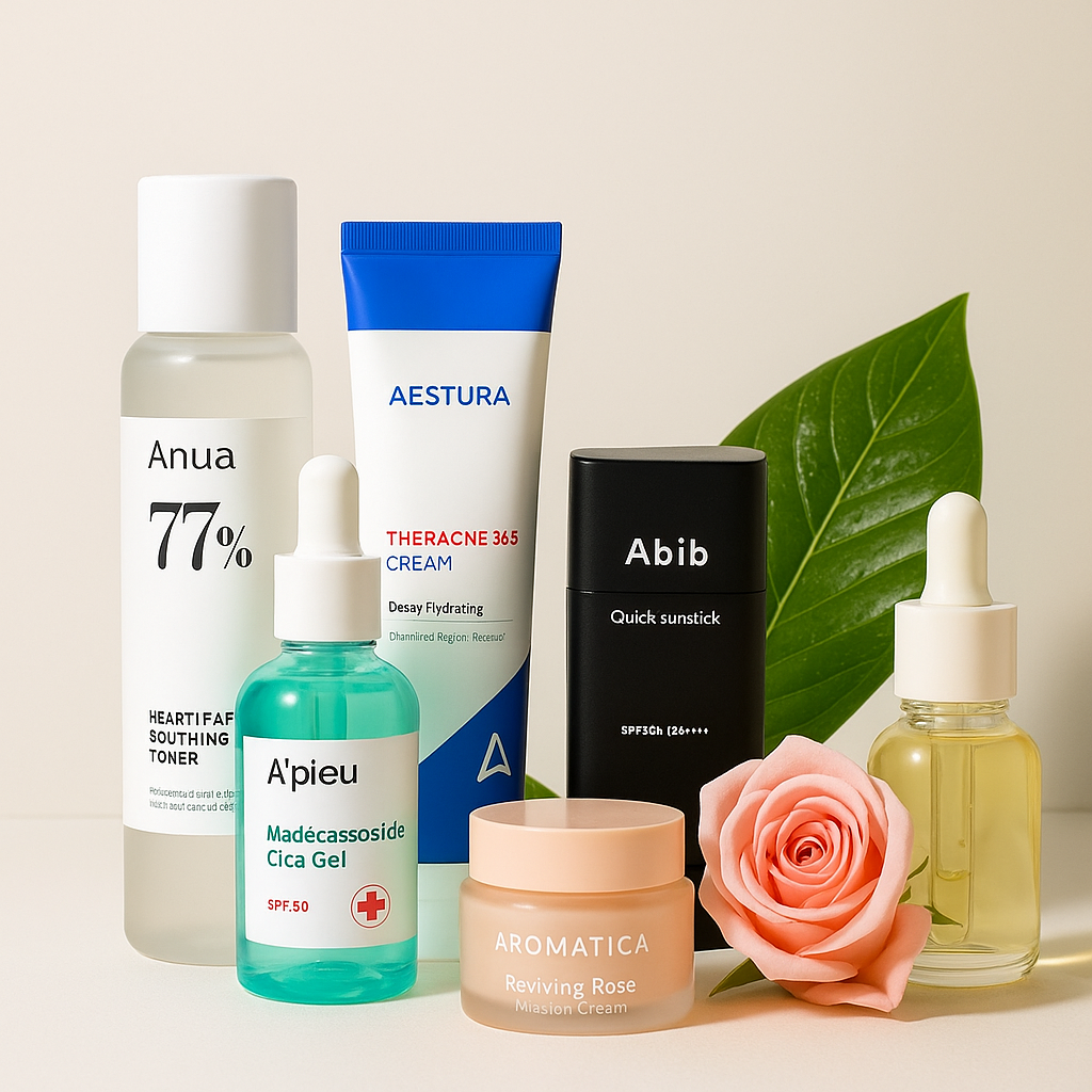 Korean skincare products including serums, toners, and moisturizers arranged on a clean white background. Minimalist K-Beauty aesthetic with soothing natural elements.