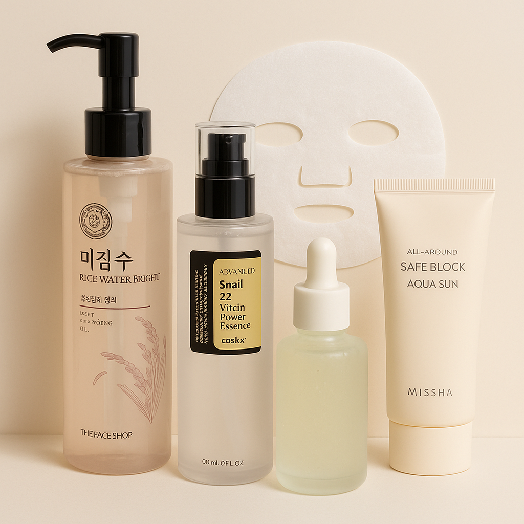 Flat lay of Korean skincare products including rice water cleanser, snail essence, serum, sunscreen, and a sheet mask on a neutral background.