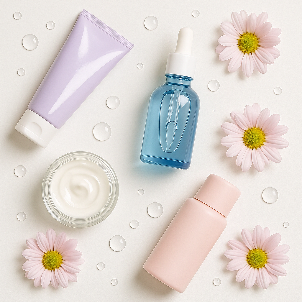 Flat lay of Korean skincare products with pastel bottles, face cream, and flowers on a clean white background with water droplets.