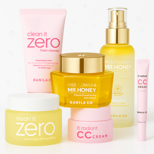 Banila Co Korean skincare products including Clean It Zero Cleansing Balm, Foam Cleanser, CC Cream, and Miss Flower & Mr Honey Eye Cream on a white background