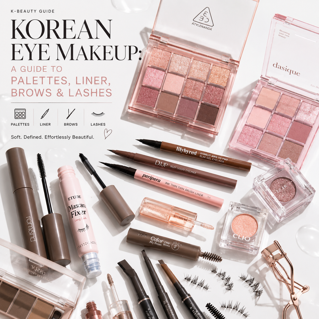 Korean eye makeup flat lay with eyeshadow palettes, liquid eyeliners, brow pencils, mascara and false lashes