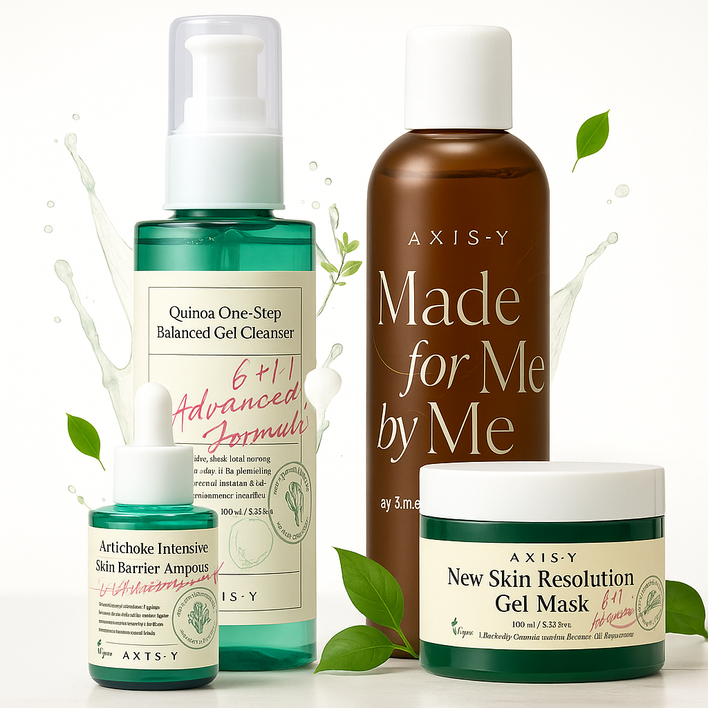 AXIS-Y skincare products with water splashes and green leaves on a white background.
