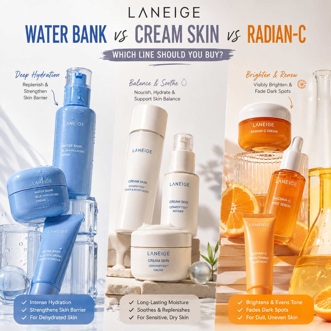 Laneige Water Bank vs Cream Skin vs Radian-C: Which Line Should You Buy?