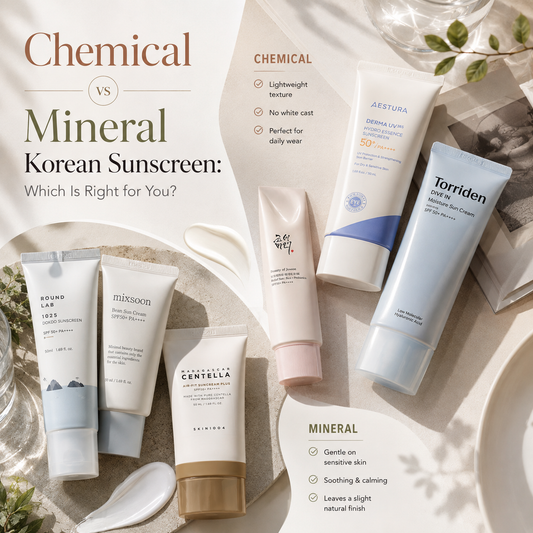 Korean SPF50+ sunscreens for the face, comparing chemical and mineral formulas
