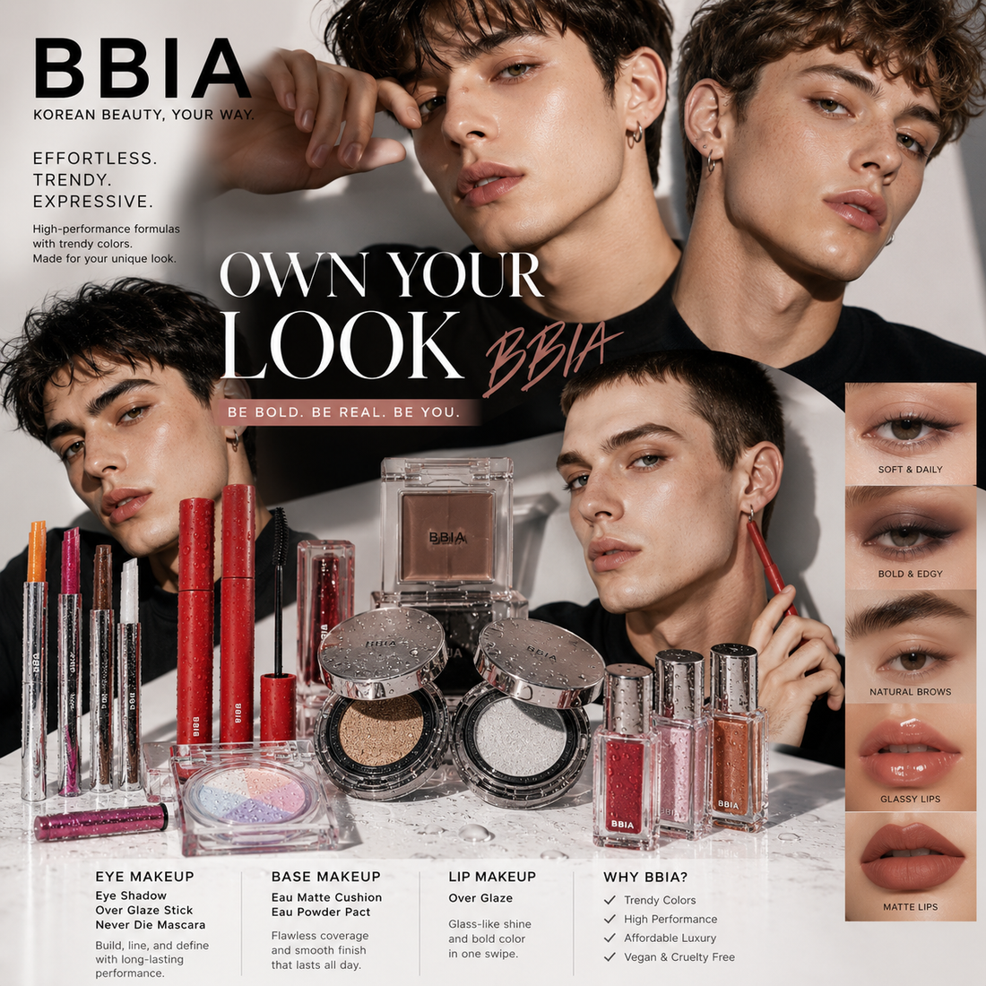 BBIA Korean makeup brand banner with models, showing eyeliners, Never Die mascara, cushions and Over Glaze lip products