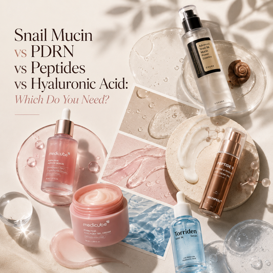 Korean skincare serums and essences with snail mucin, PDRN, peptides and hyaluronic acid