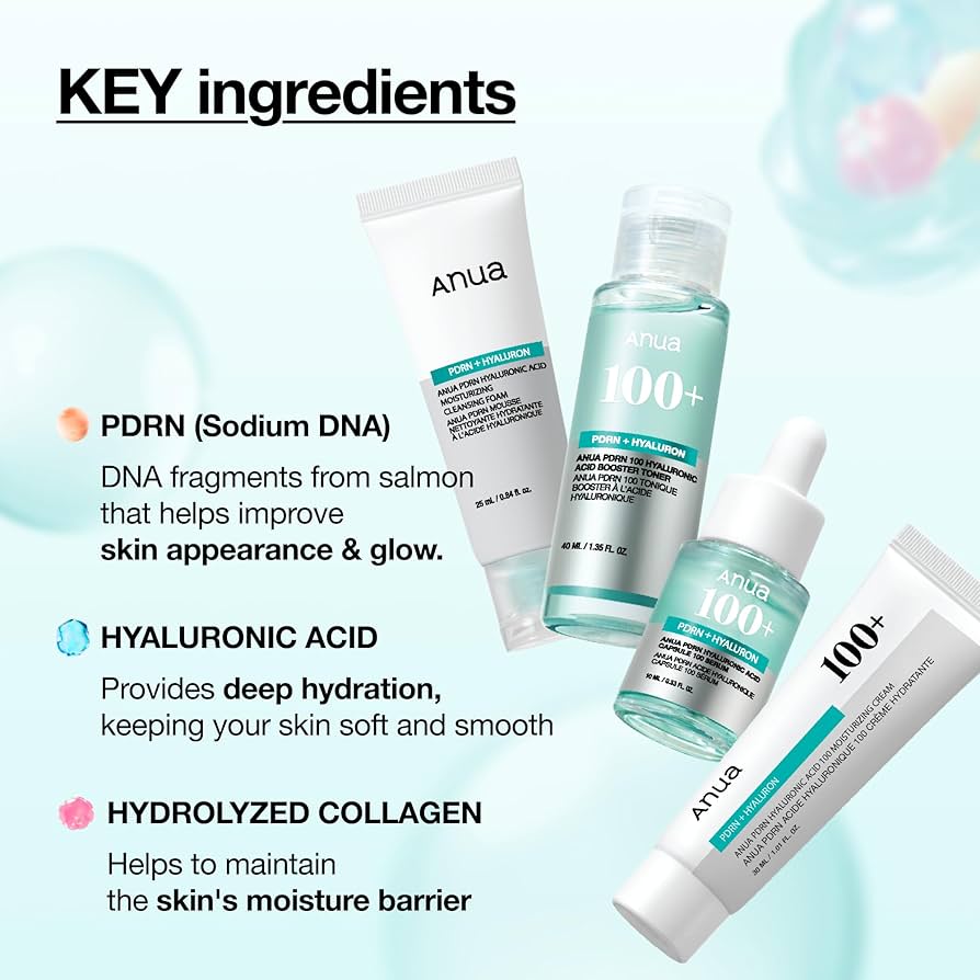 Anua - PDRN Hyaluronic Acid Korean Skincare Starter Kit - Glow Essential Set (Cleansing Foam 25ml, Toner 40ml, Serum 10ml, Moisturizing Cream 30ml)