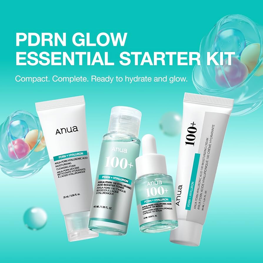 Anua - PDRN Hyaluronic Acid Korean Skincare Starter Kit - Glow Essential Set (Cleansing Foam 25ml, Toner 40ml, Serum 10ml, Moisturizing Cream 30ml)