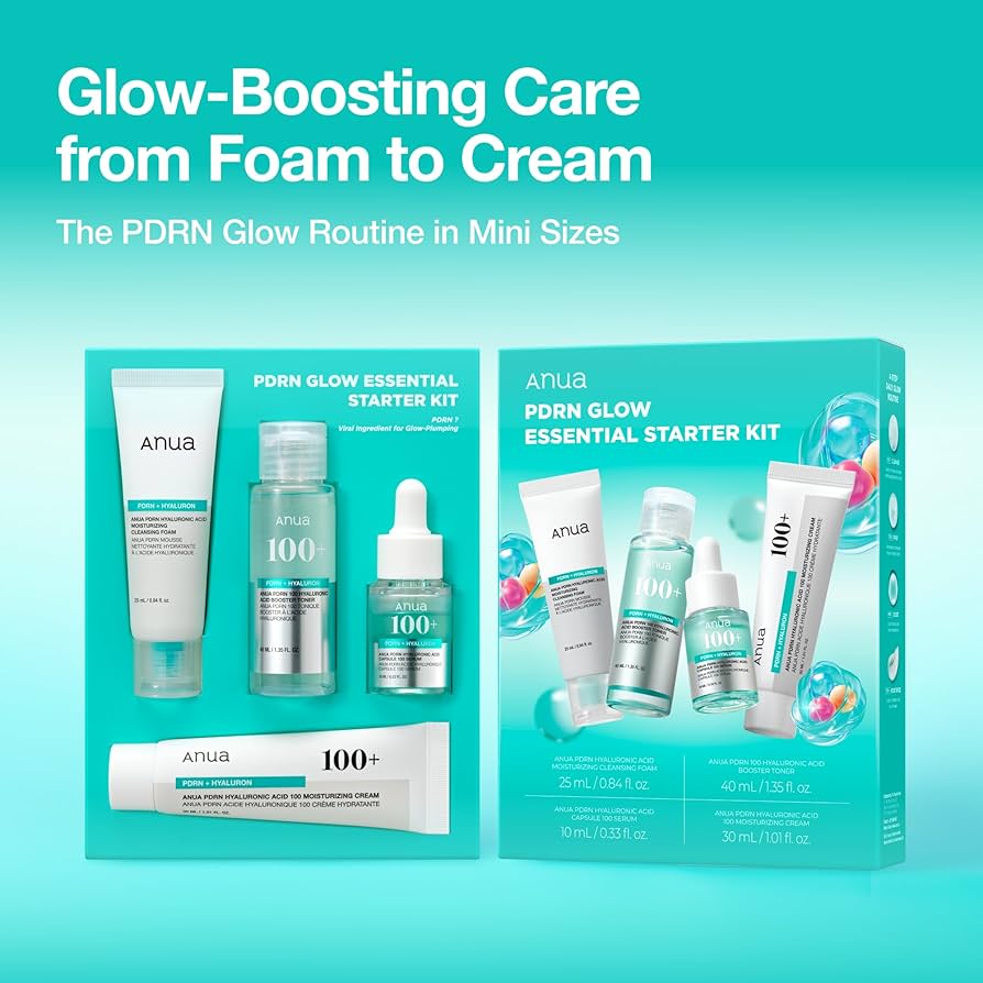 Anua - PDRN Hyaluronic Acid Korean Skincare Starter Kit - Glow Essential Set (Cleansing Foam 25ml, Toner 40ml, Serum 10ml, Moisturizing Cream 30ml)