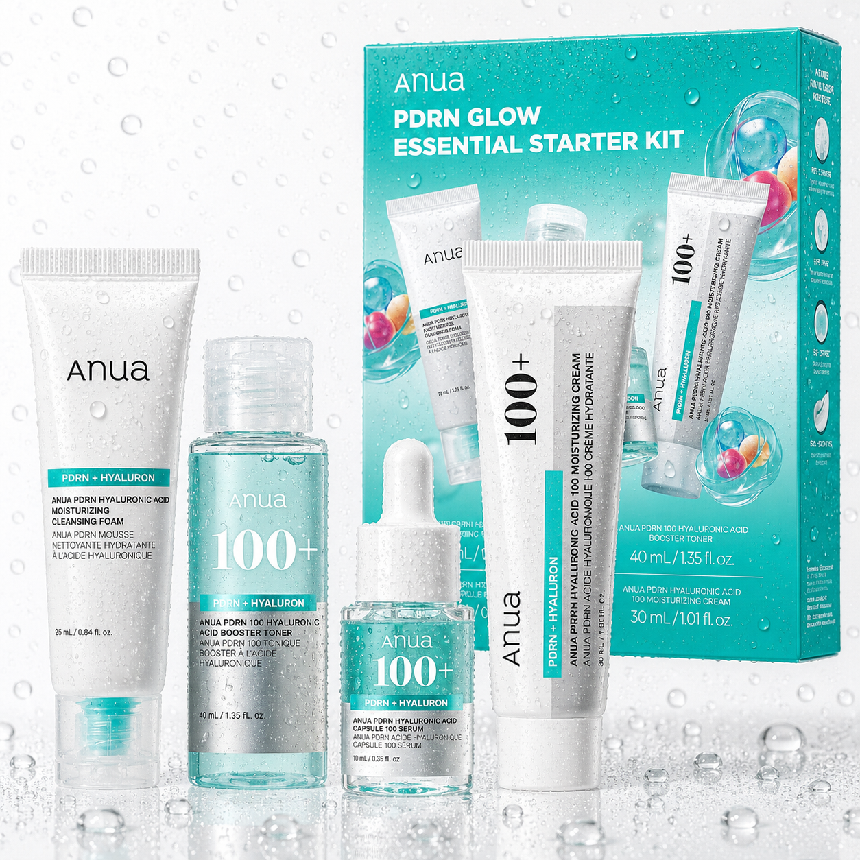 Anua - PDRN Hyaluronic Acid Korean Skincare Starter Kit - Glow Essential Set (Cleansing Foam 25ml, Toner 40ml, Serum 10ml, Moisturizing Cream 30ml)
