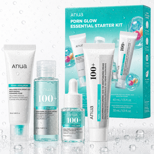 Anua - PDRN Hyaluronic Acid Korean Skincare Starter Kit - Glow Essential Set (Cleansing Foam 25ml, Toner 40ml, Serum 10ml, Moisturizing Cream 30ml)