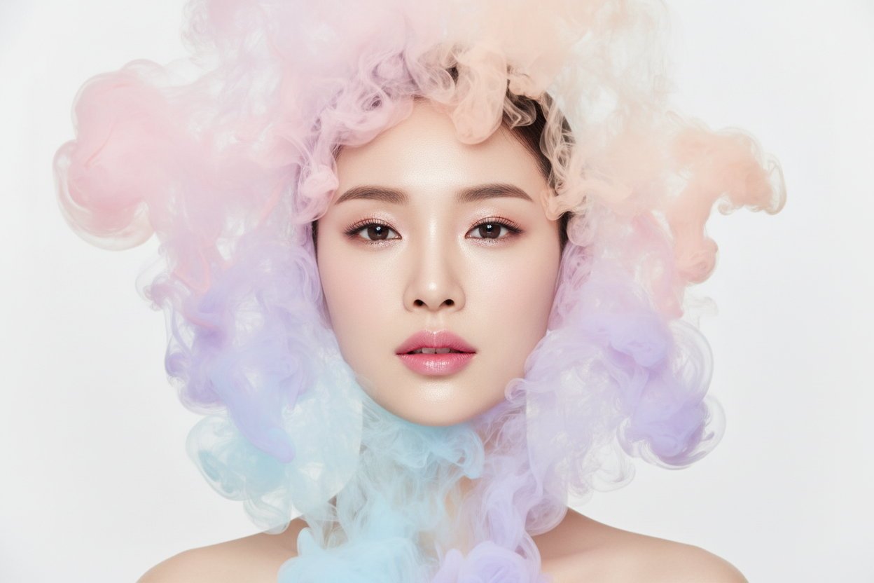 Korean Cosmetics style image, beautiful Korean girl with smooth skin, splashes of the colorful smoke